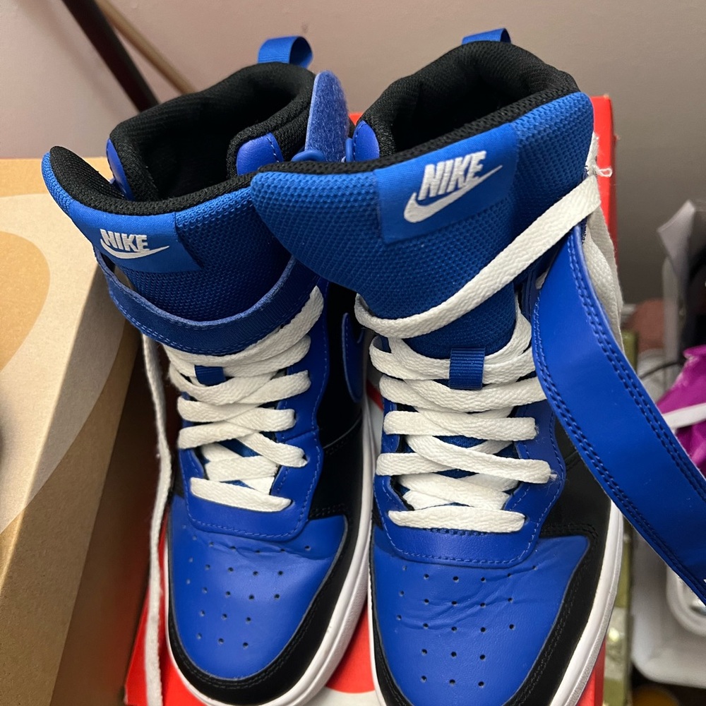Nike Blue and Black High-Top Sneakers with Iconic Swoosh